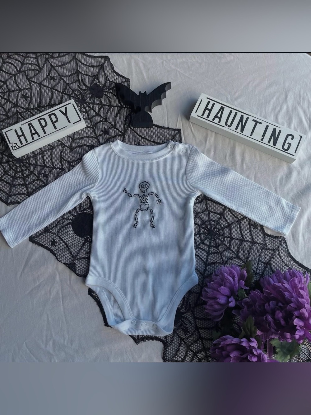 White Baby Onesie with Embroidered Skeleton | Halloween Infant Bodysuit